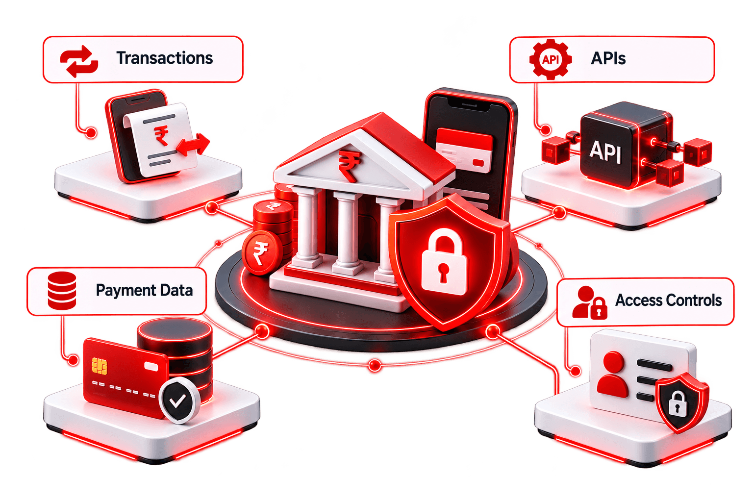 Financial institution secured at the center, connected to transactions, APIs, payment data and access controls