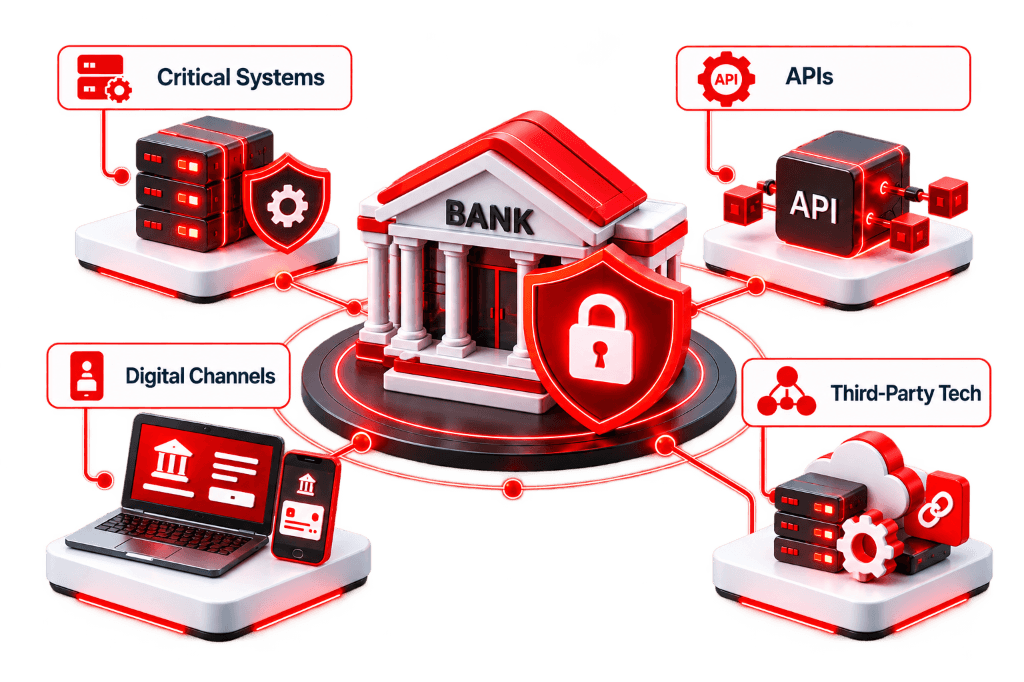 Bank secured at the center, connected to critical systems, APIs, digital channels and third-party technology