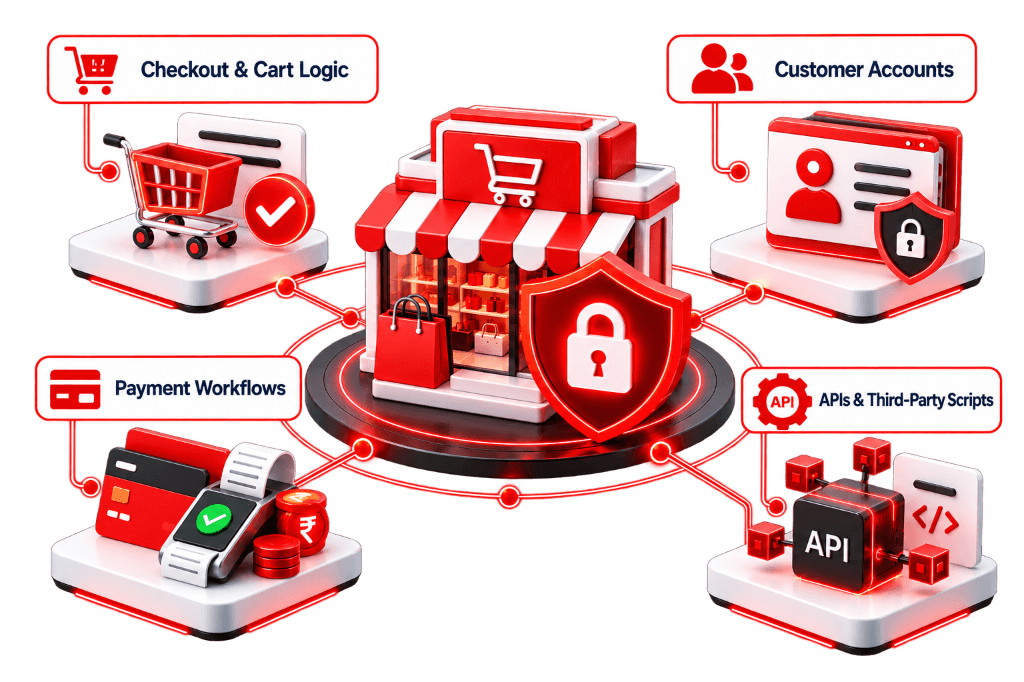 E-commerce digital storefront secured at the center, connected to checkout logic, customer accounts, payment workflows and APIs