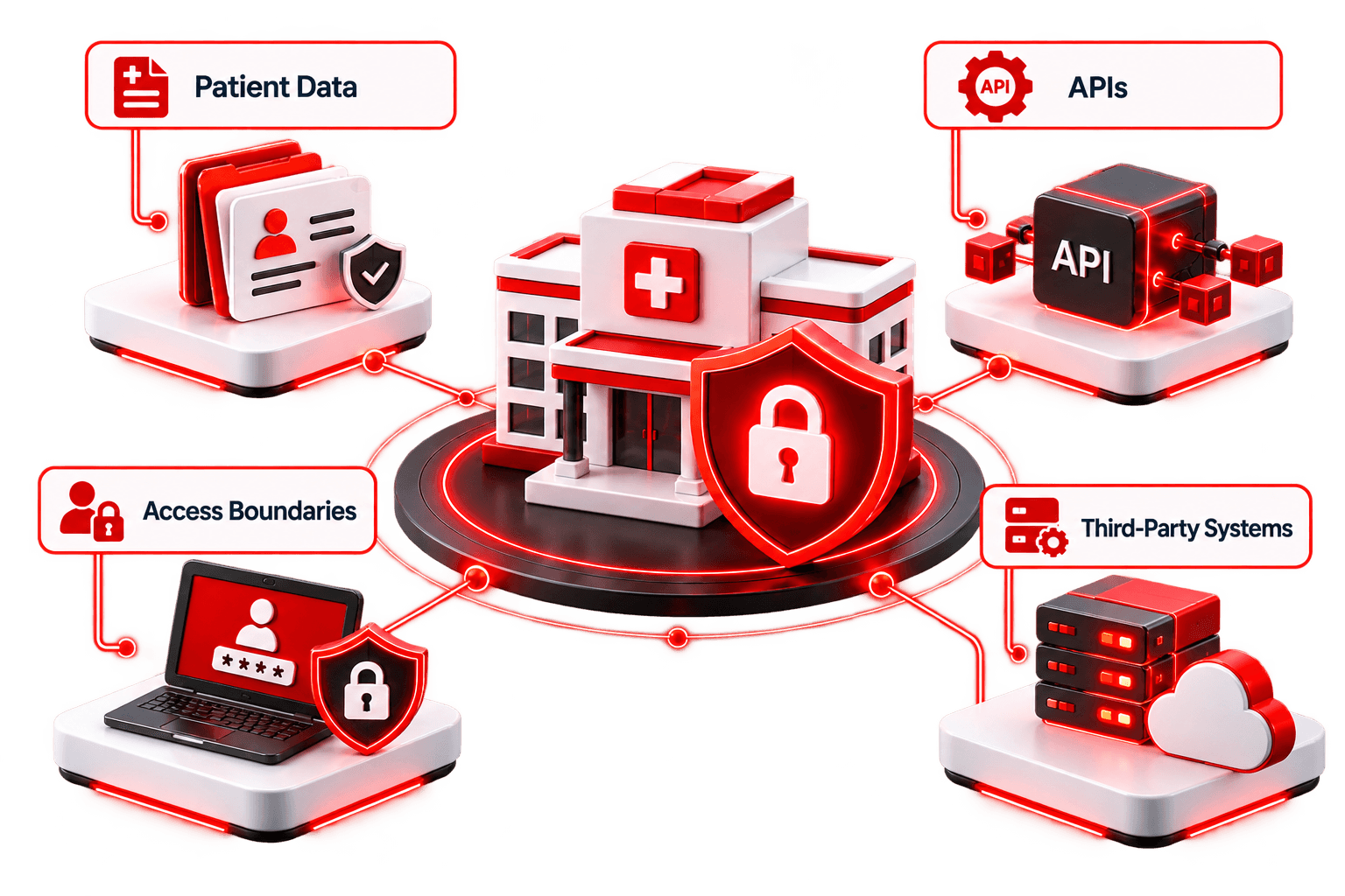 Hospital secured at the center, connected to patient data, APIs, access boundaries and third-party systems