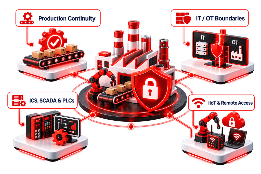 Manufacturing plant secured at the center, connected to production continuity, IT/OT boundaries, ICS/SCADA/PLCs, and IIoT remote access