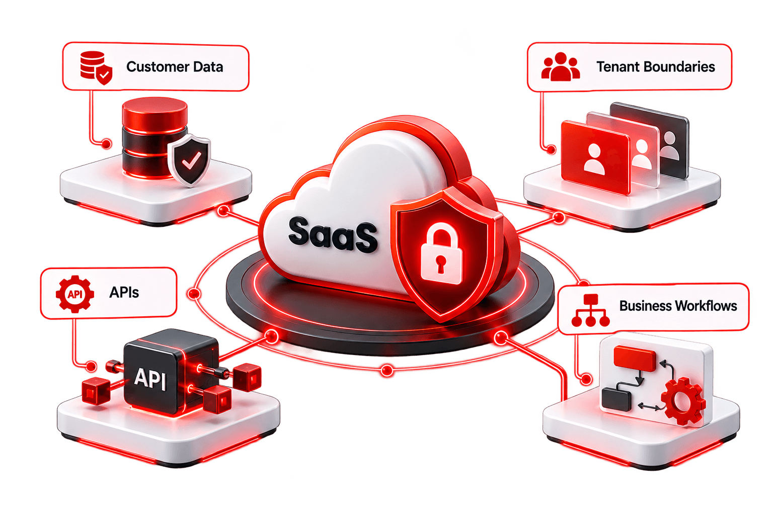 SaaS platform secured at the center, connected to customer data, tenant boundaries, APIs and business workflows